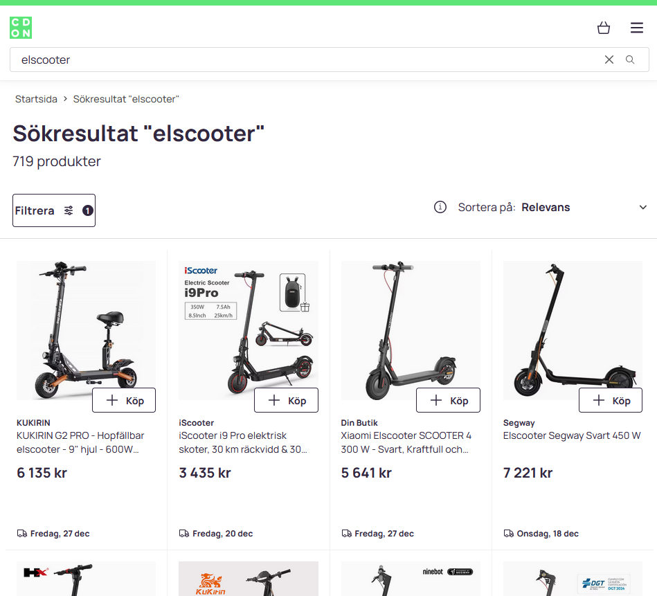 CDON utbud med elscootrar