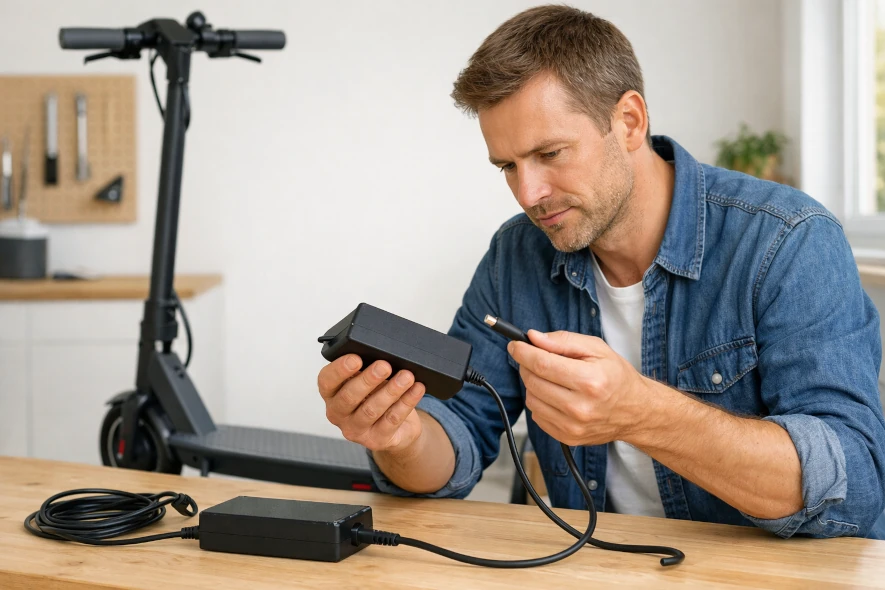 Inspekterar batteriladdaren till elsparkcykeln