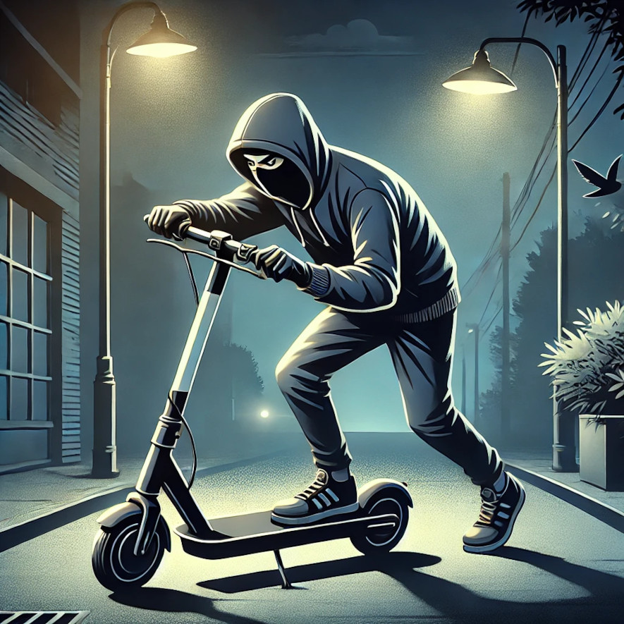 Tjuv på väg att stjäla en elsparkcykel